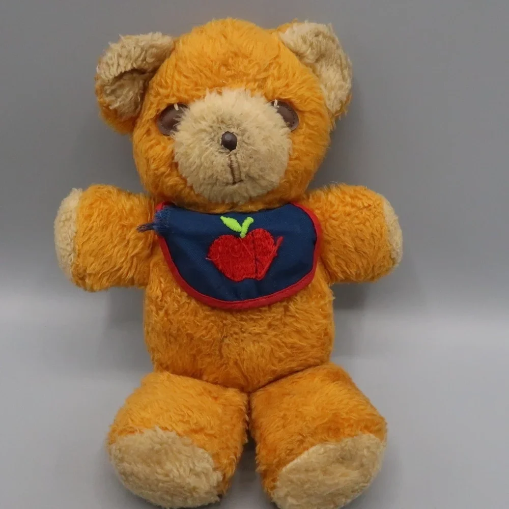 1975 Fisher Price Orange Teddy Bear Plush Stuffed Animal Apple Bib Squeaks #418‎